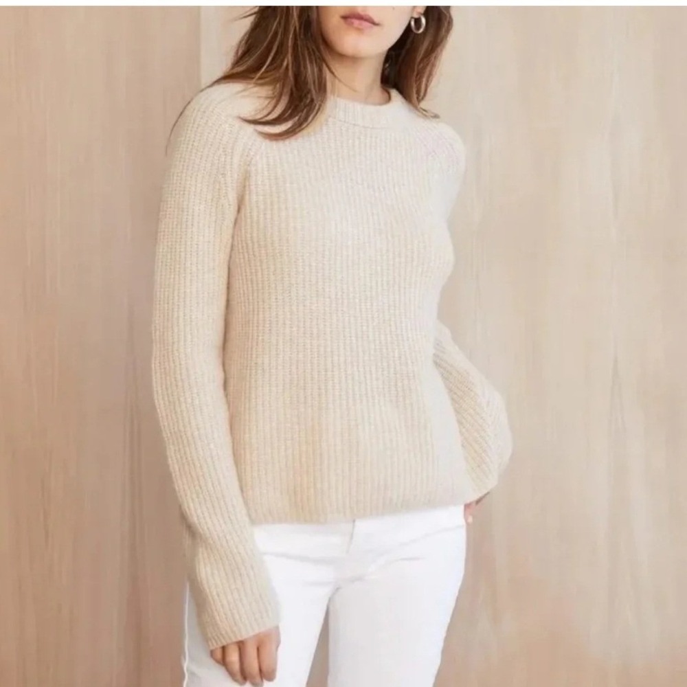 Jenni Kayne Fisherman Crew Sweater Women XS Cashmere Ribbed Knit Oatmeal Beige
